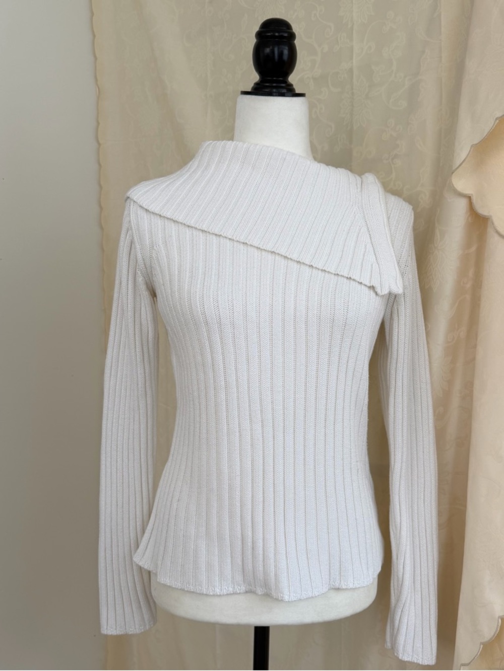Women’s Cream Ribbed Asymmetric Neck Sweater